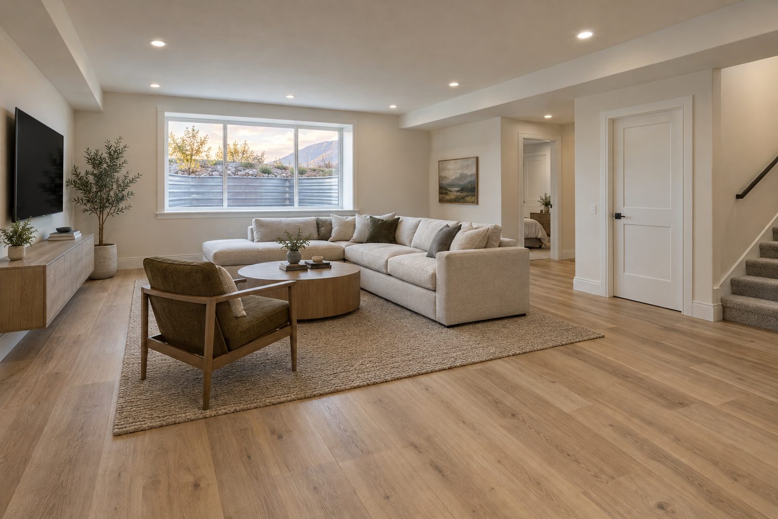 A newly finished basement family room with light wood floors, white trim, and recessed lighting